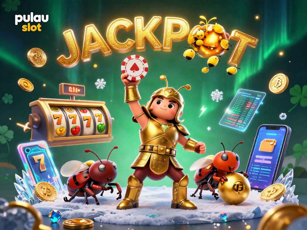 Pulau slot celebrates victory with a 3D illustration featuring vibrant characters and slot elements.