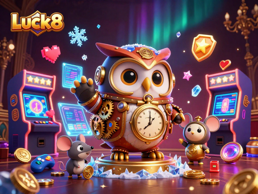 Luck8 brings a vibrant online casino atmosphere with a time-traveling owl and gaming elements.