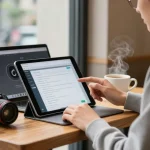 Interaction with an ai chat nsfw character on a tablet in a cozy café.