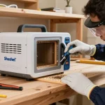 Shashel technician using microwave device for woodworm elimination in a bright workshop.