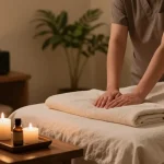 Tranquil massage therapy scene showcasing 용산출장안마 with soothing ambiance and essential oils.