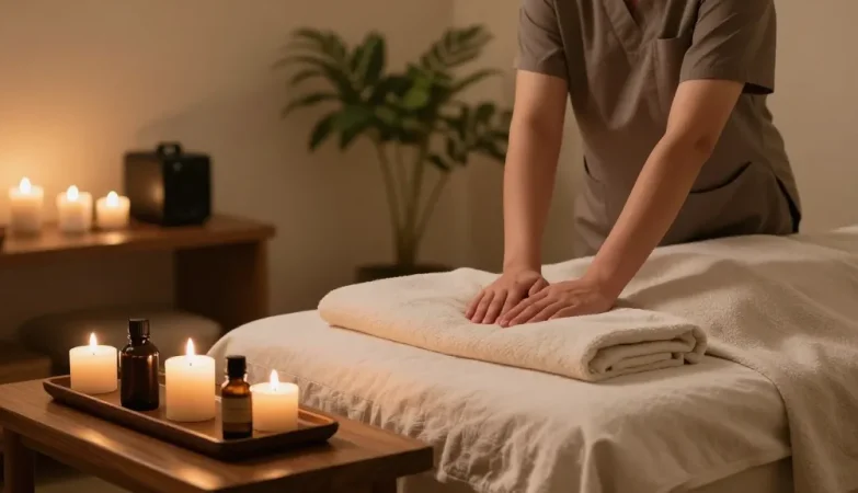 Tranquil massage therapy scene showcasing 용산출장안마 with soothing ambiance and essential oils.