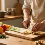 Ginger and lemongrass preparation for nutritious dishes using สล็อตเว็บตรง ingredients in a cozy kitchen.