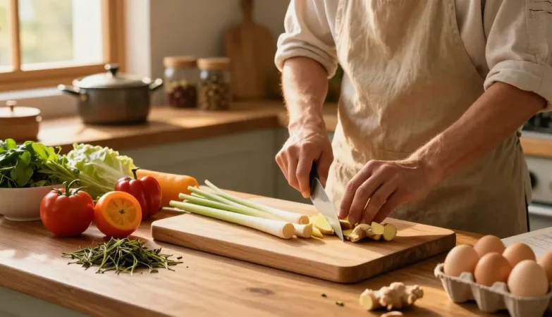 Ginger and lemongrass preparation for nutritious dishes using สล็อตเว็บตรง ingredients in a cozy kitchen.