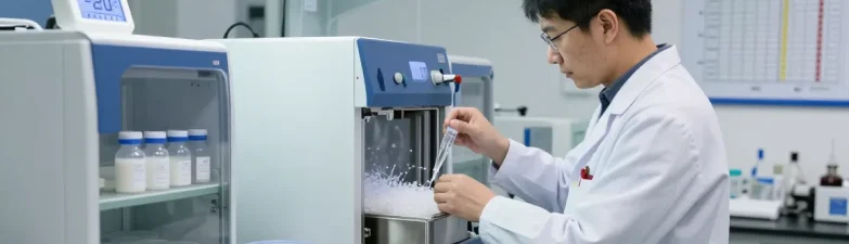 Handling lyophilisation peptides in a professional lab environment, showcasing proper storage protocols and temperature management.
