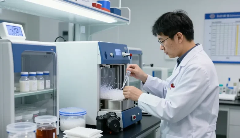Handling lyophilisation peptides in a professional lab environment, showcasing proper storage protocols and temperature management.