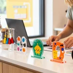 Custom acrylic stand showcasing colourful keychains and stickers in an inviting retail environment.