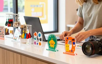 Custom acrylic stand showcasing colourful keychains and stickers in an inviting retail environment.