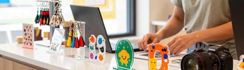 Custom acrylic stand showcasing colourful keychains and stickers in an inviting retail environment.