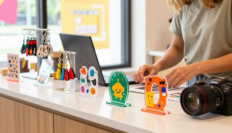 Custom acrylic stand showcasing colourful keychains and stickers in an inviting retail environment.