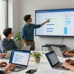Team collaborating around project management tools from rtischeduler.co.uk in a modern office.