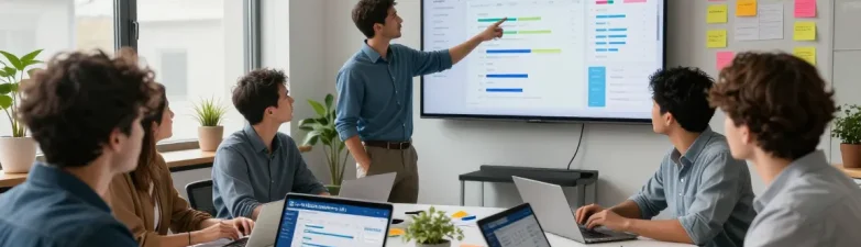 Team collaborating around project management tools from rtischeduler.co.uk in a modern office.