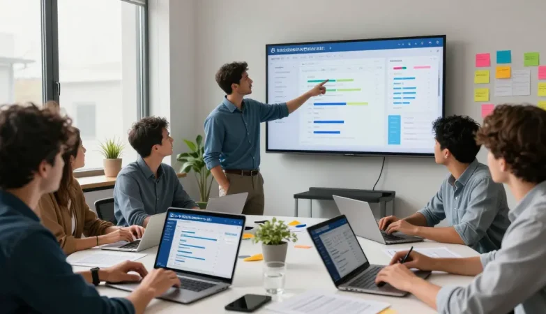 Team collaborating around project management tools from rtischeduler.co.uk in a modern office.