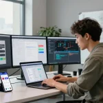 Mobile app development services in a modern tech workspace with coding screens and designers collaborating