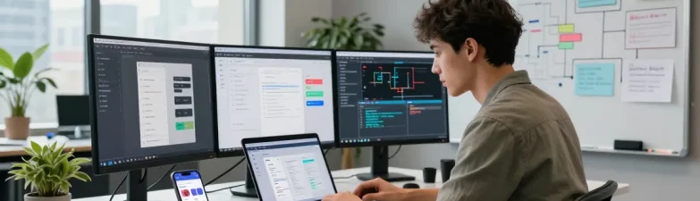 Mobile app development services in a modern tech workspace with coding screens and designers collaborating