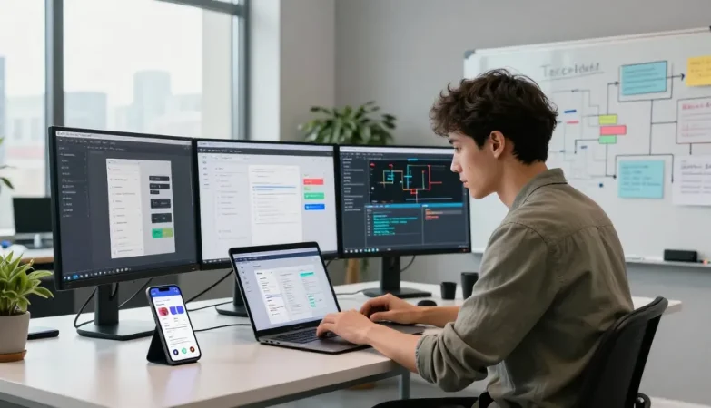 Mobile app development services in a modern tech workspace with coding screens and designers collaborating