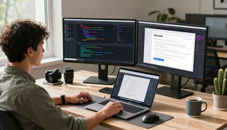 Developer focused on NAGA2000 application debugging in modern tech workspace.